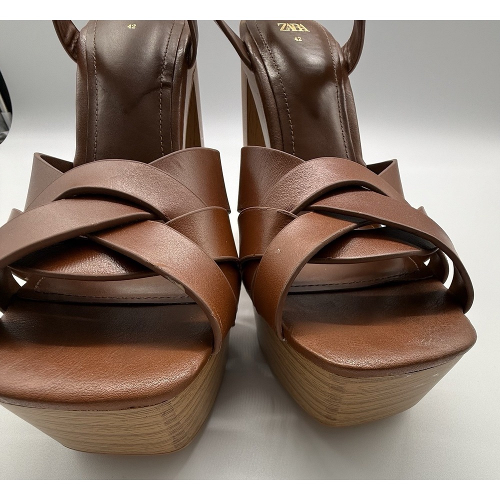 Zara Leather Platform retro chunky Strappy Wooden‎ Heeled Sandals Size 10 - Picture 12 of 15